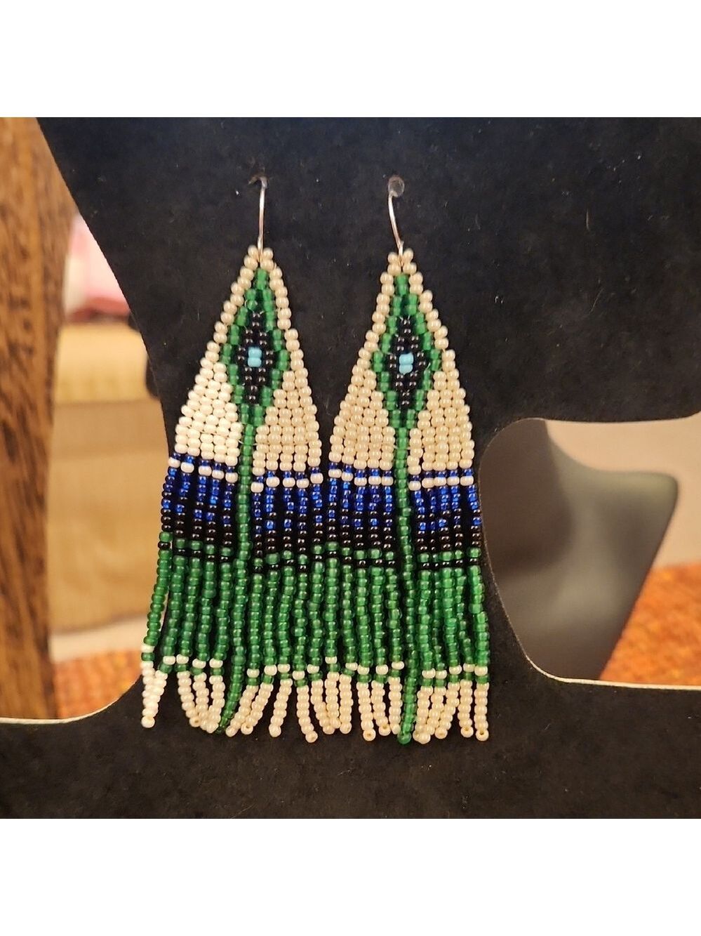 Hand Crafted Green and Blue Beaded Earrings
